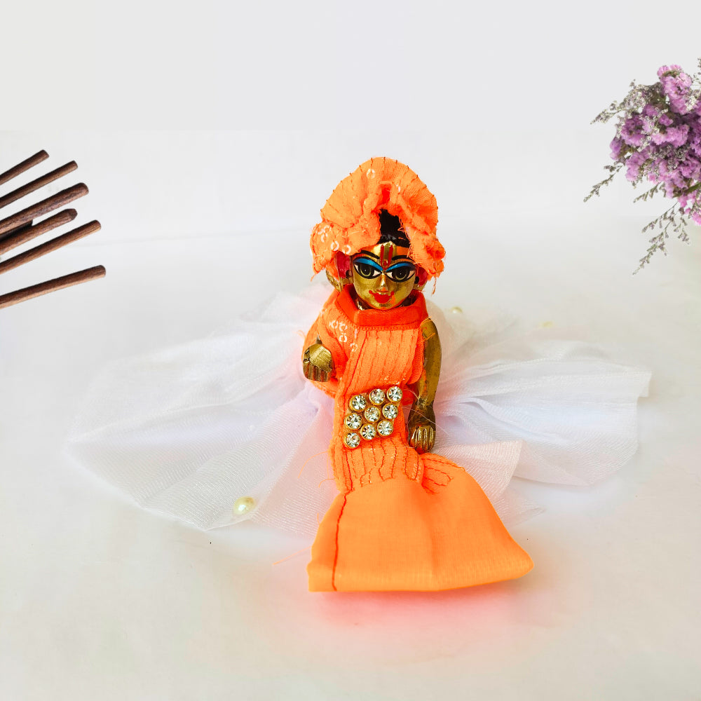 Medium Western Dress with Pagri for Laddu Gopal - White and Orange - BR Emporium