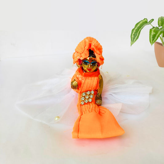 Large Kanha Ji Dress with Pagri - White Orange Western Poshak - BR Emporium
