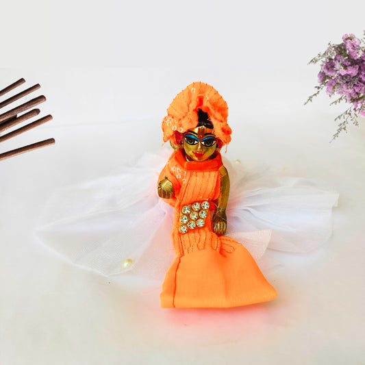 Medium Western Dress with Pagri for Laddu Gopal - White and Orange - BR Emporium